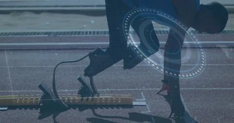 Runner on track with digital data processing image overlaid Stock Illustration