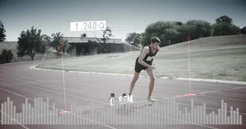 Runner on track with performance metrics and data analysis animation Stock Footage 303540172
