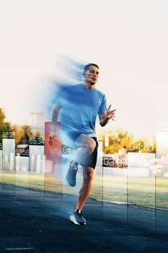 Runner training on a track with time indicators showing speed and progress Stock Photos