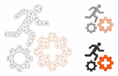 Runner Treatment Process Gears Vector Mesh Network Model and Triangle Mosaic Illustrazione stock