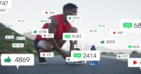 Runner tying shoe on road, notifications growing around bottle, preparing run, 스톡 동영상 323479140