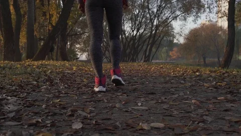 Runner woman feet running on autumn road closeup on shoe. Female fitness model Stock Footage