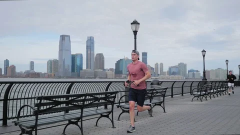 Runners along the Hudson River Stock Footage 129167608