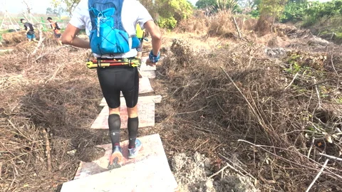 Runners along a single path of wooden boards Stock Footage 303871115