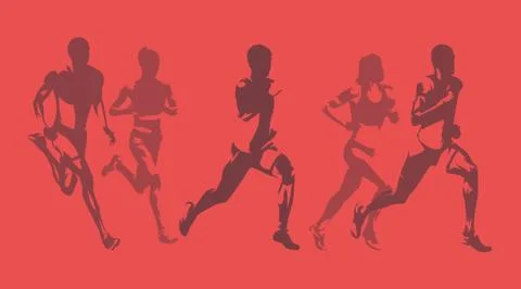 Runners, group of running men and woman. Set of isolated vector silhouettes.  Stock Illustration