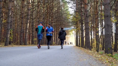 Runners train together on an asphalt track in a beautiful autumn park. Stock Footage 118877944