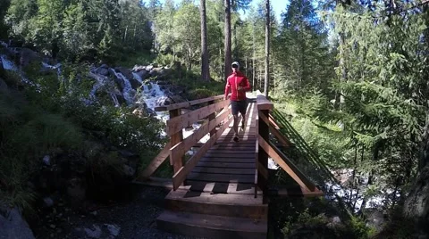 Running activity in the alpine forest through the wood bridge. Stock Footage 53529536