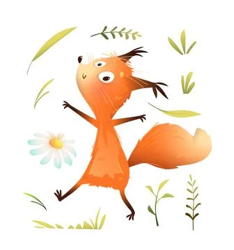 Running and Jumping Cute Squirrel Kids Character Stock Illustration