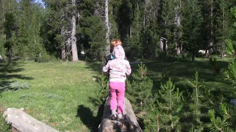 Running and playing on log Stock Footage 25591882