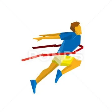 Running athlete crosses a finish line red ribbon Stock Illustration