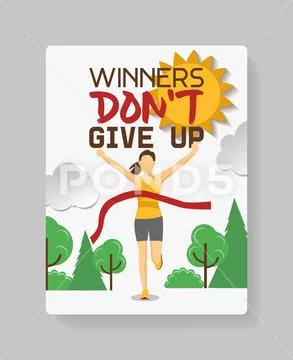 Running athlete girl cross the finish line vector illustration. Young woman Stock Illustration