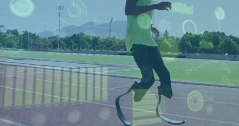 Running athlete with prosthetic legs, data analysis animation over sports track Stock Footage 305132262