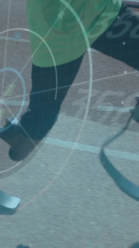 Running athlete with prosthetic legs over digital target animation Stock Footage 319055548