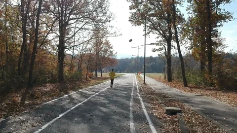 Running in the autumn forest Stock Footage 97817451