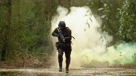 Running away from explosion, slow motion Stock Footage 86457972