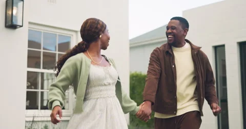Running, backyard and holding hands with black couple in new house for laughing, Stock Footage 337625188