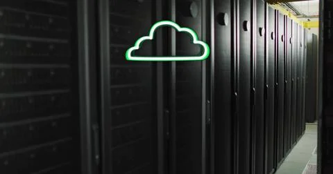 Running black server racks showing vented doors, LEDs and neon cloud icon in Stock Photos