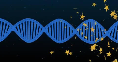 Running blue DNA double helix across dark background with light-blue dots, イラスト素材