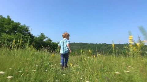 Running boy by the forest edge Stock Footage 80538368