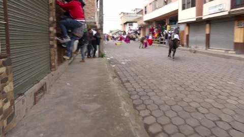 Running of the bulls through the streets. Toros de Pillaro Ecuador 2023_47.mov 스톡 동영상 335814943