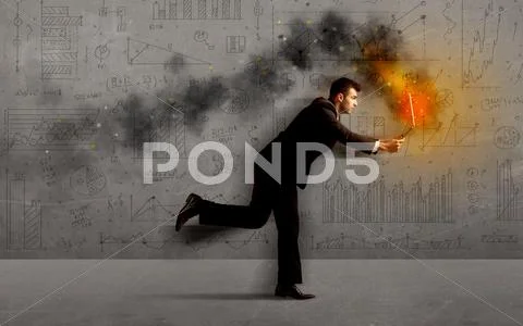 Running business man with fire laptop Stock Photos