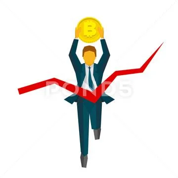 Running businessman with bitcoin crosses a finish line Stock Illustration