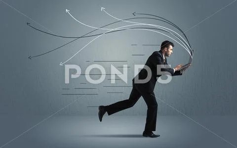 Running businessman with device and hand drawn lines Stock Photos