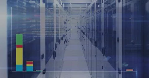 Running central aisle stretching down datacenter, showing server racks, raised Stockillustratie