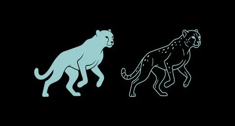 Running cheetah illustration set in solid and outline styles with wild cat Stock Illustration