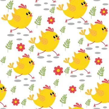 Running chickens pattern with flowers and butterflies Stock Illustration