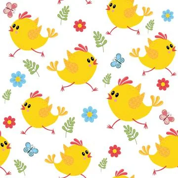 Running chickens pattern with flowers and butterflies, color vector illustrat Stock Illustration