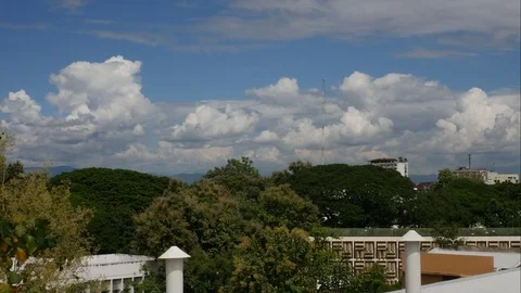 Running cloud over the building with tropical trees 스톡 동영상 81402203