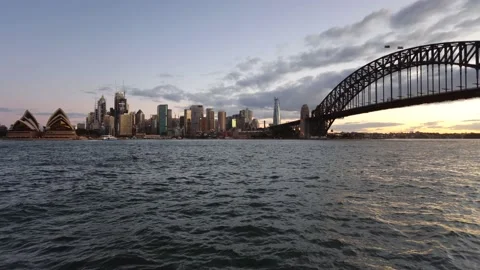 Running clouds over city of Sydney in swift time lapse at sunset – 4k. Stock Footage 137390612