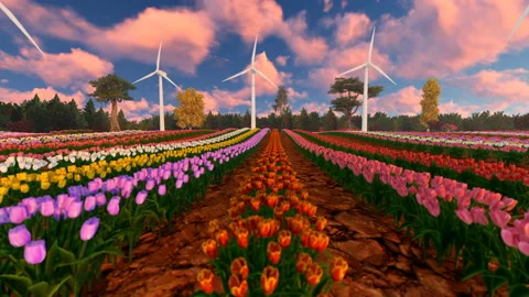 Running clouds over vibrant tulip fields and wind turbines Stock Footage 169217448