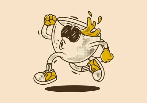 Running coffee cup character in retro vintage style Stock Illustration