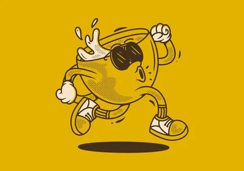 Running coffee cup character in retro vintage style Stock Illustration