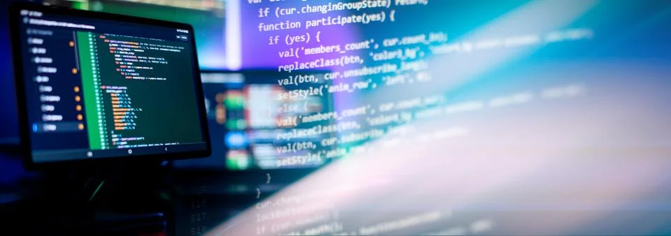 Running Computer data programming. Coding script text on screen. 写真素材