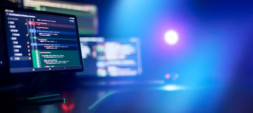 Running Computer data programming. Coding script text on screen. Stock Photos