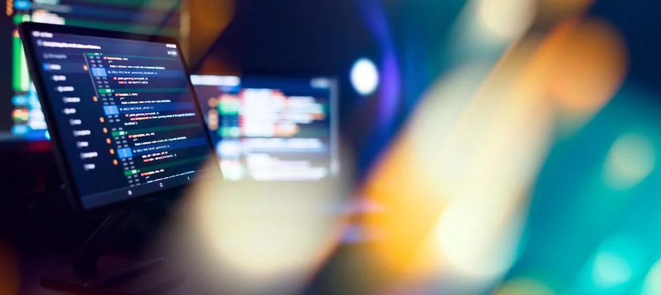 Running Computer data programming. Coding script text on screen. 스톡 사진