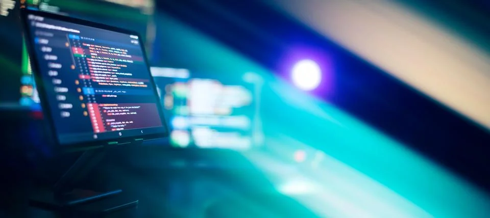 Running Computer data programming. Coding script text on screen. Stock-Fotos