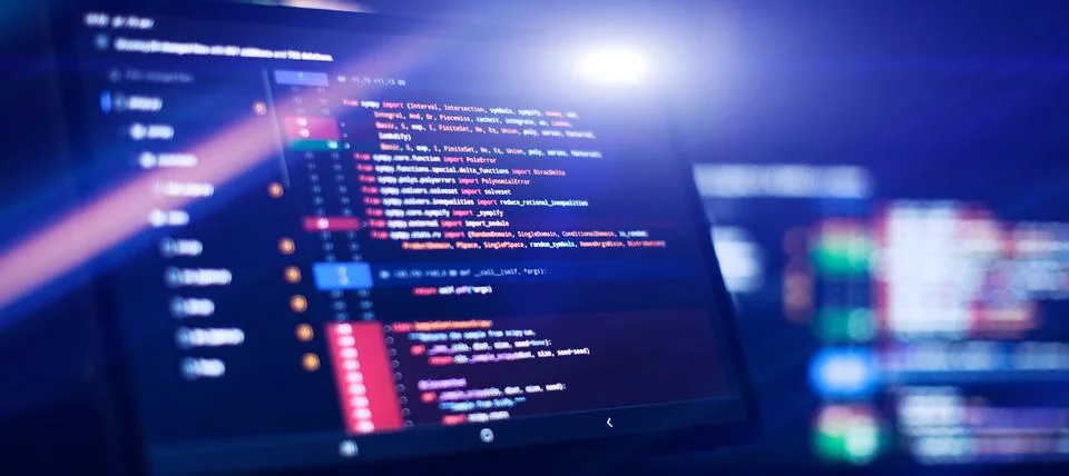 Running Computer data programming. Coding script text on screen. Stock-Fotos