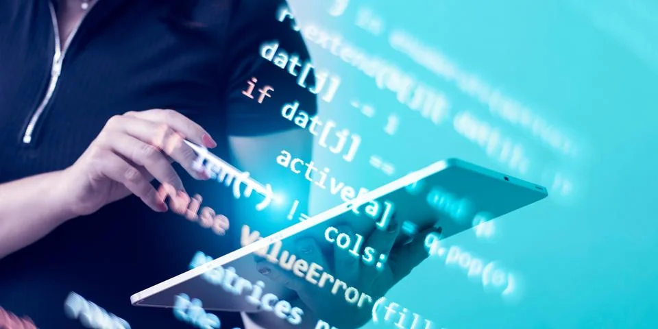 Running Computer data programming. Coding script text on screen. Stock Photos