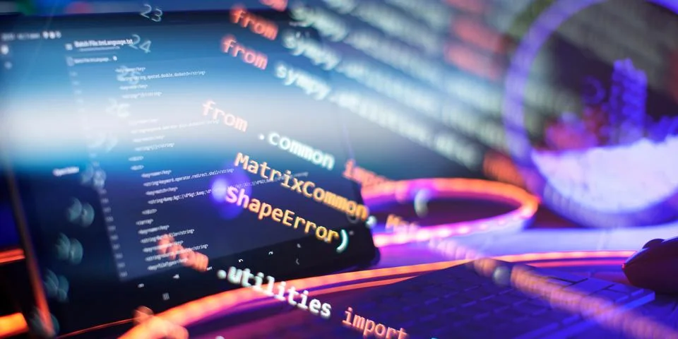 Running Computer data programming. Coding script text on screen. Stock Photos