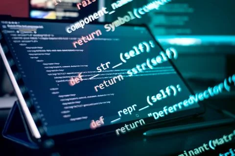 Running Computer data programming. Coding script text on screen. Stock-Fotos