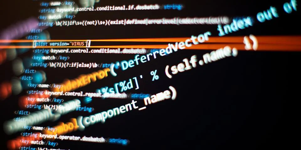 Running Computer data programming. Coding script text on screen. Stock Photos