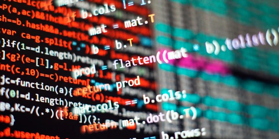 Running Computer data programming. Coding script text on screen. Stock Photos