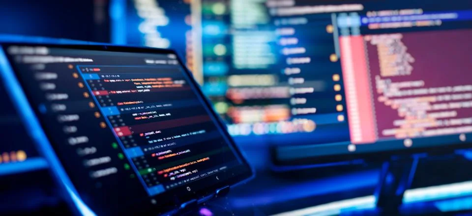 Running Computer data programming. Coding script text on screen. Notebook c.. Stock-Fotos