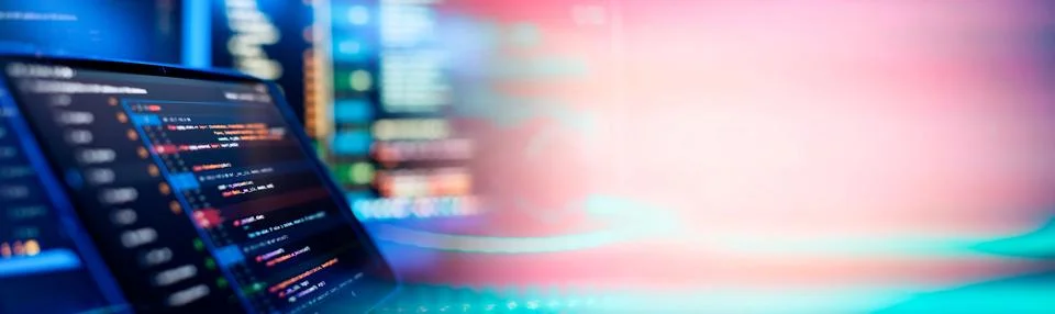 Running Computer data programming. Coding script text on screen. Notebook c.. Stock Photos