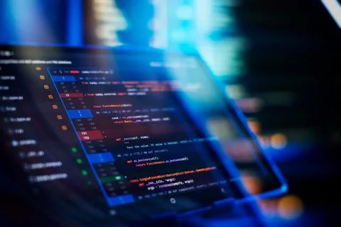 Running Computer data programming. Coding script text on screen. Notebook c.. Stock Photos