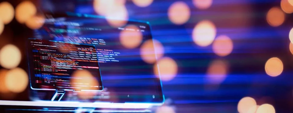 Running Computer data programming. Coding script text on screen. Notebook c.. Stock-Fotos